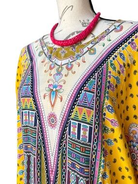 Vibrant Yellow Boho Maxi Caftan Multicolor Ethnic Paisley Floral Geometric - OS